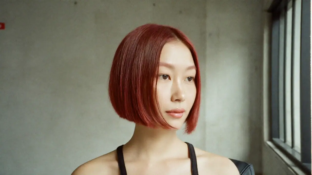 구릿빛 붉은 단발 모델이 창가 쪽으로 고개를 돌리는 장면